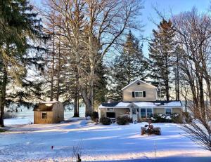 a house with snow on the ground in the yard at Lakefront Pine Cottage Hot Tub & Fire Pit in Sodus