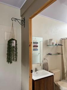 a bathroom with a sink and a toilet and a mirror at Apartamento del sol #3 in Tilarán