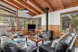 霍尔斯加普Mountain Hideaway by Halls Gap Accommodation的配有皮革家具和壁炉的客厅