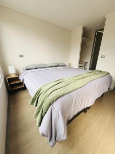 ein Schlafzimmer mit einem Bett mit einer grünen Decke darauf in der Unterkunft Departamento vista cordillera alto la florida in Santiago