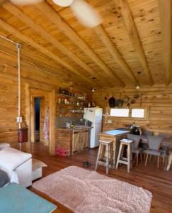 Cabaña de madera con cocina y sala de estar. en Cabaña La Rosa, en Chapadmalal