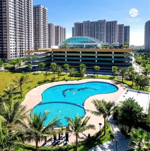 an aerial view of a resort with a swimming pool at Moon Homestay 1717 in Gia Lâm Pho