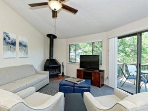 a living room with a couch and a fireplace at Treetop Bungalow - Community Pool Hot Tub #18 in Lakeway