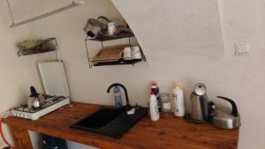 a kitchen counter with a sink and a stove at Agroturystyka - Pasieka Miody Gór Opawskich in Dobiesźow