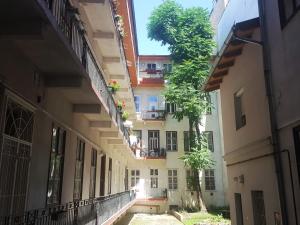 un vicolo tra due edifici con piante sui balconi di happy home POP - apartment with free Pinball Machine a Budapest