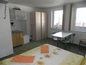 Zimmer mit einer Küche und einem Tisch mit Stühlen in der Unterkunft Dom v Záhrade in Podhájska
