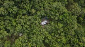 an aerial view of a cabin in the middle of a forest at Bulle de Morphée & Spa in Escamps