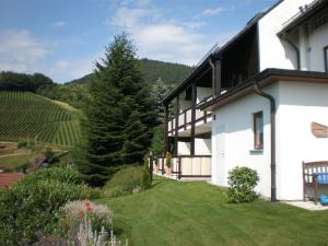 ein weißes Haus mit einem Garten mit grünem Gras in der Unterkunft Landhaus Schoenen in Sasbachwalden