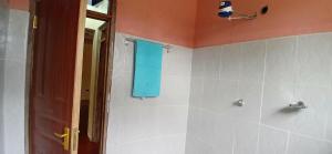 a bathroom with a shower with a blue towel at Mwea Farmstay -CampSite and Nature Trail in Karaba +37 photos