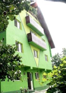 a green building with balconies on the side of it at Pensiunea Vital in Chilia Veche
