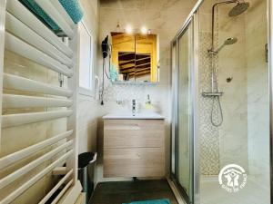 a bathroom with a sink and a shower at La cazabanelle in Villegly