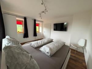 a bedroom with a bed and a tv and a chair at Modernes Serviced Apartment - FeWo Land Idyll in Dürrnberg