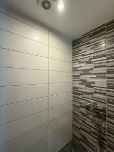 a bathroom with a shower with a tile wall at Seagull apartments - Building A in Paralia Katerinis