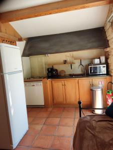 una cucina con frigorifero bianco e forno a microonde di Ardèche les cigales, studio laurier a Grospierres
