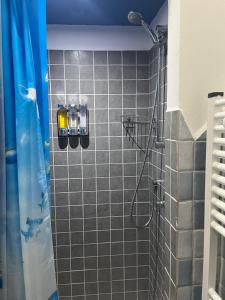 een douche in een badkamer met een blauw douchegordijn bij B&B Daillu in Olbia