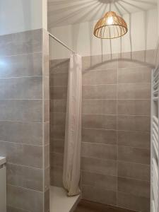 a shower with a shower curtain and a light at Appartement plein centre à 50m de la plage in Soulac-sur-Mer