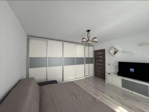 ティミショアラにあるNova Apartmentのベッドと薄型テレビのある寝室