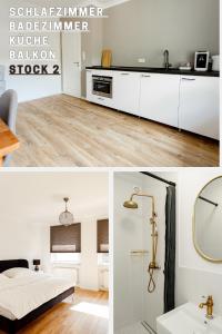 a white bathroom with a sink and a mirror at Ferienhaus Arina in Bad Bertrich