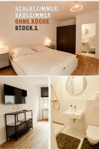 a bedroom with a bed and a sink and a mirror at Ferienhaus Arina in Bad Bertrich