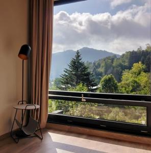 a room with a large window with a view of a mountain at Celest Boutique Urban Hideaway in Braşov