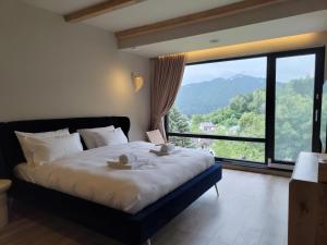 a bedroom with a large bed with a large window at Celest Boutique Urban Hideaway in Braşov