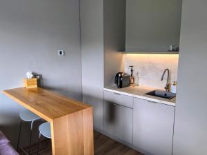 a kitchen with a sink and a wooden counter at Celest Boutique Urban Hideaway in Braşov
