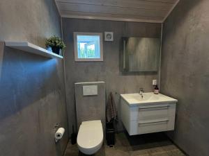 a bathroom with a white toilet and a sink at Sea Pearl Lodge in Leknes +26 photos