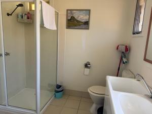 a bathroom with a shower and a toilet and a sink at Ideal Melbourne Seaside Home in Mentone
