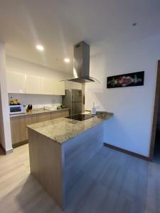 eine Küche mit einer großen Insel in der Mitte in der Unterkunft Premium Suite República del Salvador in Quito