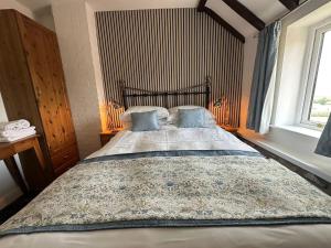 a bedroom with a large bed with blue pillows at Bilsdale Cottage in Helmsley