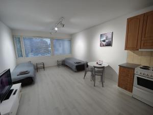 a kitchen and living room with a table and a couch at Cozy studio in Ulvila in Ulvila