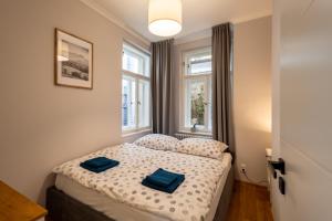 ein kleines Schlafzimmer mit einem Bett mit blauen Kissen darauf in der Unterkunft Apartmány Leopard in Karlsbad