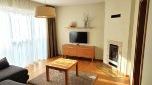 un salon avec une télévision et une cheminée dans l'établissement Smėlio Vila Apartments, à Palanga