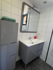 a bathroom with a sink and a mirror at studio au calme in La Bâtie-Vieille