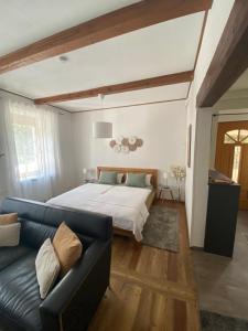 默德林Apartment mit Sauna im Wienerwald - Mödling的一间卧室，有一张床和一张蓝色沙发