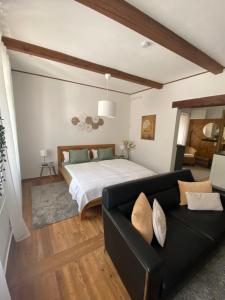 默德林Apartment mit Sauna im Wienerwald - Mödling的一间卧室配有一张床和一张黑色沙发