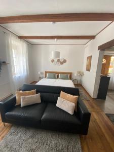 默德林Apartment mit Sauna im Wienerwald - Mödling的客厅配有一张黑色沙发,设有一张床