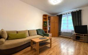 a living room with a couch and a tv at Apartament w Centrum Olsztyna, blisko Parków i Starego Miasta, 2 Pokoje z widokiem na zieleń - wczesne zameldowanie możliwe bezpłatnie in Olsztyn