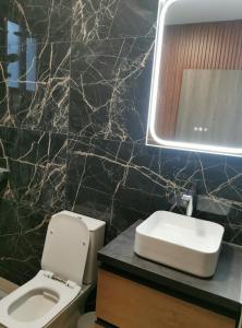 a bathroom with a white toilet and a sink at Daglas suit in Kannaviou +20 photos