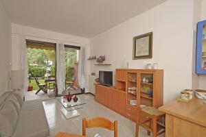 a living room with a couch and a tv at Il fiordaliso Blu in Desenzano del Garda