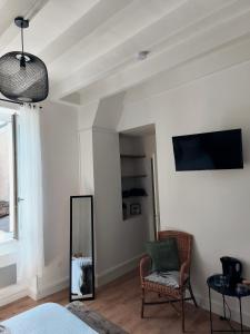 Cravant-les-CoteauxにあるLes Chambres de Nellyのベッドルーム(鏡、椅子、テレビ付)