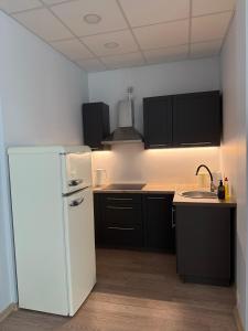 a kitchen with a white refrigerator and black cabinets at Apartamenti Upesgrīvā in Upesgrīva +4 photos