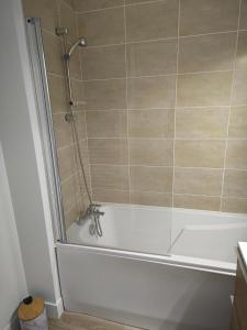 a bath tub with a shower in a bathroom at Les Chambres de Nelly in Cravant-les-Coteaux +19 photos