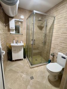 Un baño con ducha, inodoro y lavabo. en Historic Center Apartment, en Ruse