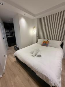 a bedroom with a large white bed in a room at RIVIERA - 2 Pièces de Charme - Vue Lac - Clim - Parking in Annecy
