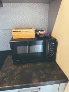 a black microwave sitting on top of a counter at Apartment with a large balcony in Vilnius +15 photos
