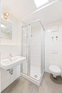 łazienka z prysznicem, umywalką i toaletą w obiekcie Meri Boarding Europaplatz w Stuttgarcie