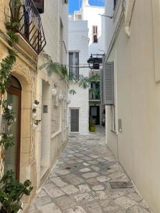 an alley with white buildings and a stone walkway at Dimora del Vico - Mediterranean Apartment & Suite in Monopoli