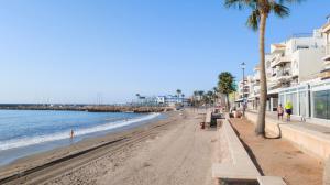 ein Strand mit Palmen und dem Meer und Gebäuden in der Unterkunft Casa Serena in Roquetas de Mar
