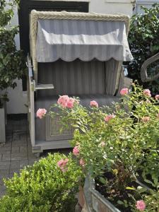ein alter Stuhl in einem Hof mit rosa Blumen in der Unterkunft Kappeln 333 in Kappeln